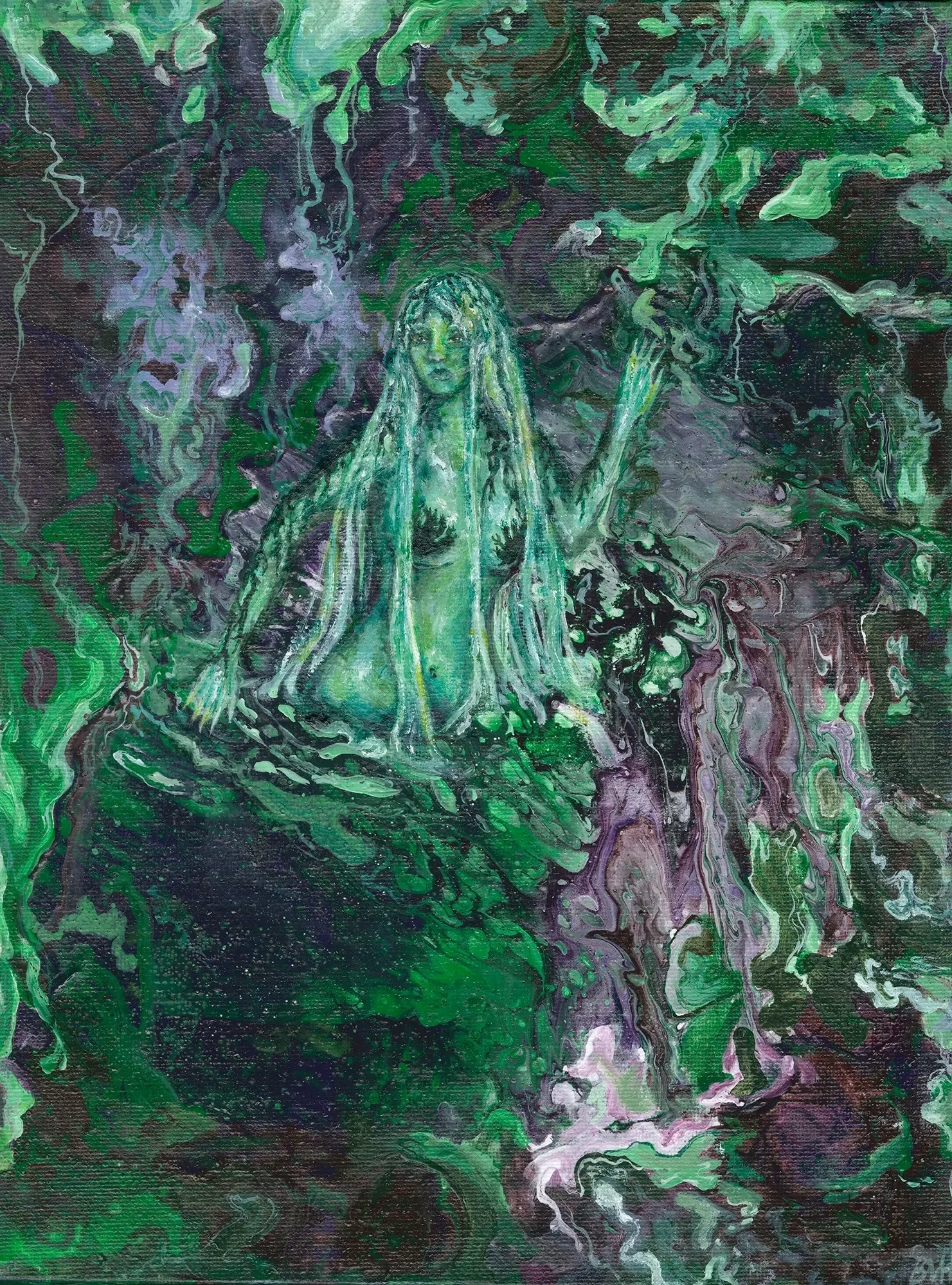 An abstract painting with swirling green, purple, and black colors, featuring a vaguely humanoid figure with long hair and a raised hand.