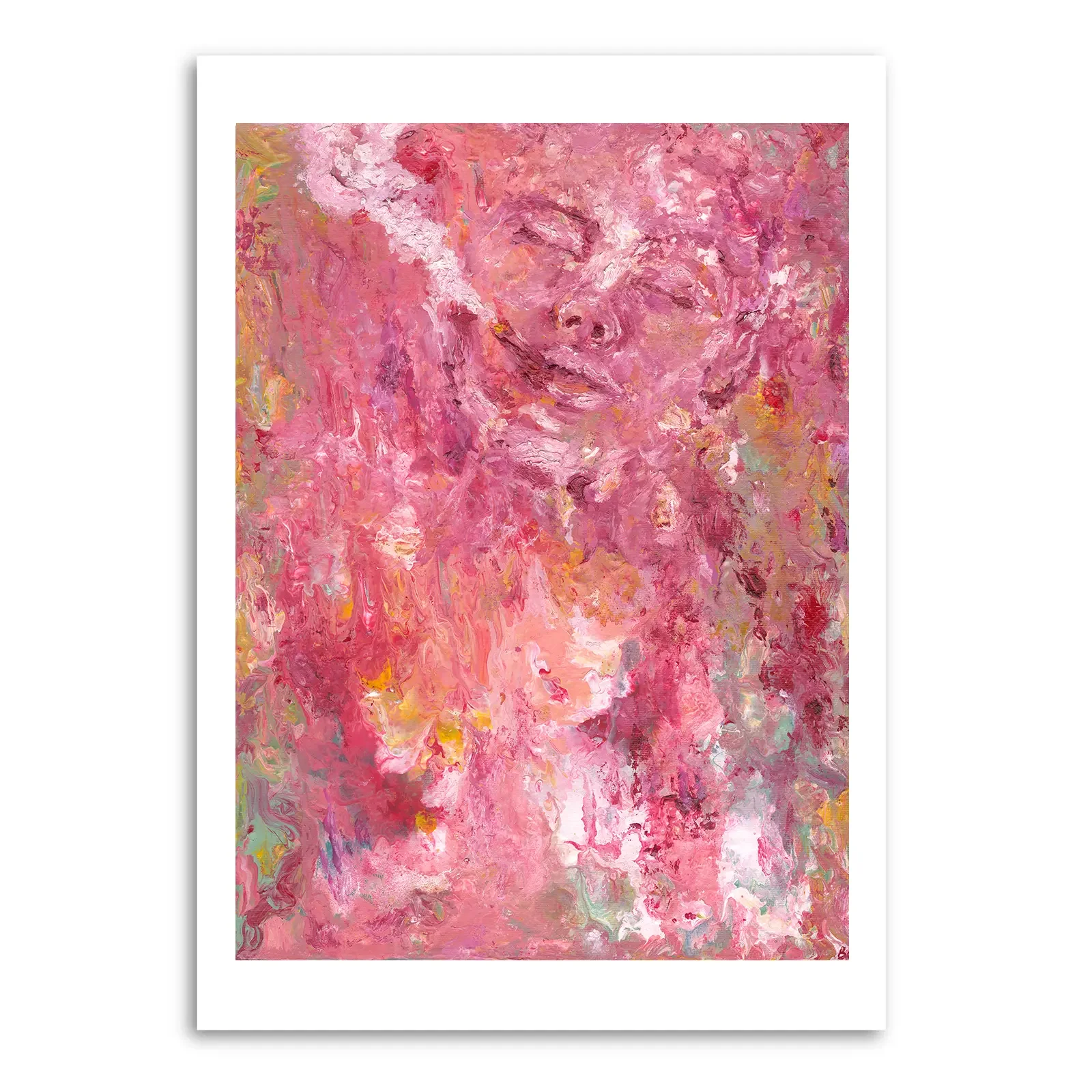 Close-up of a pink abstract painting with various shades and textures.