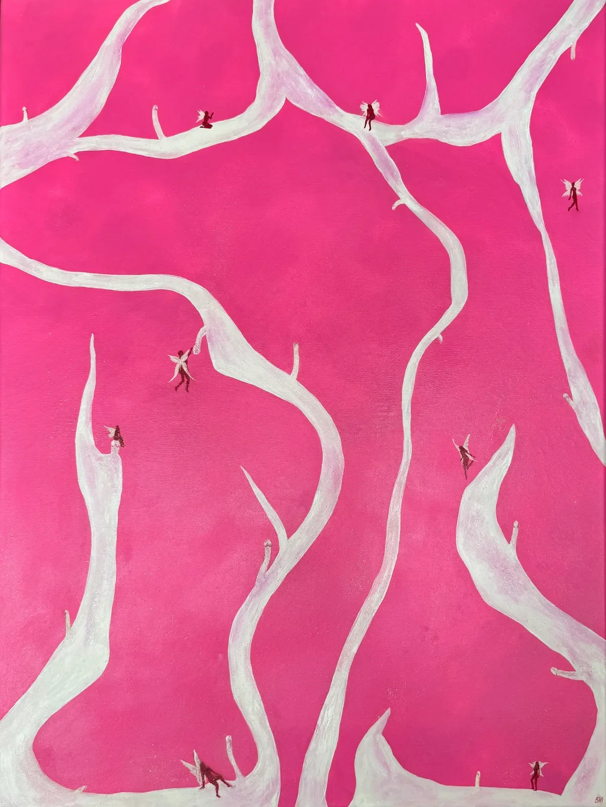 An abstract painting featuring large white tree branches with mushrooms set against a bright pink background with small fairies flying amongst the landscape.
