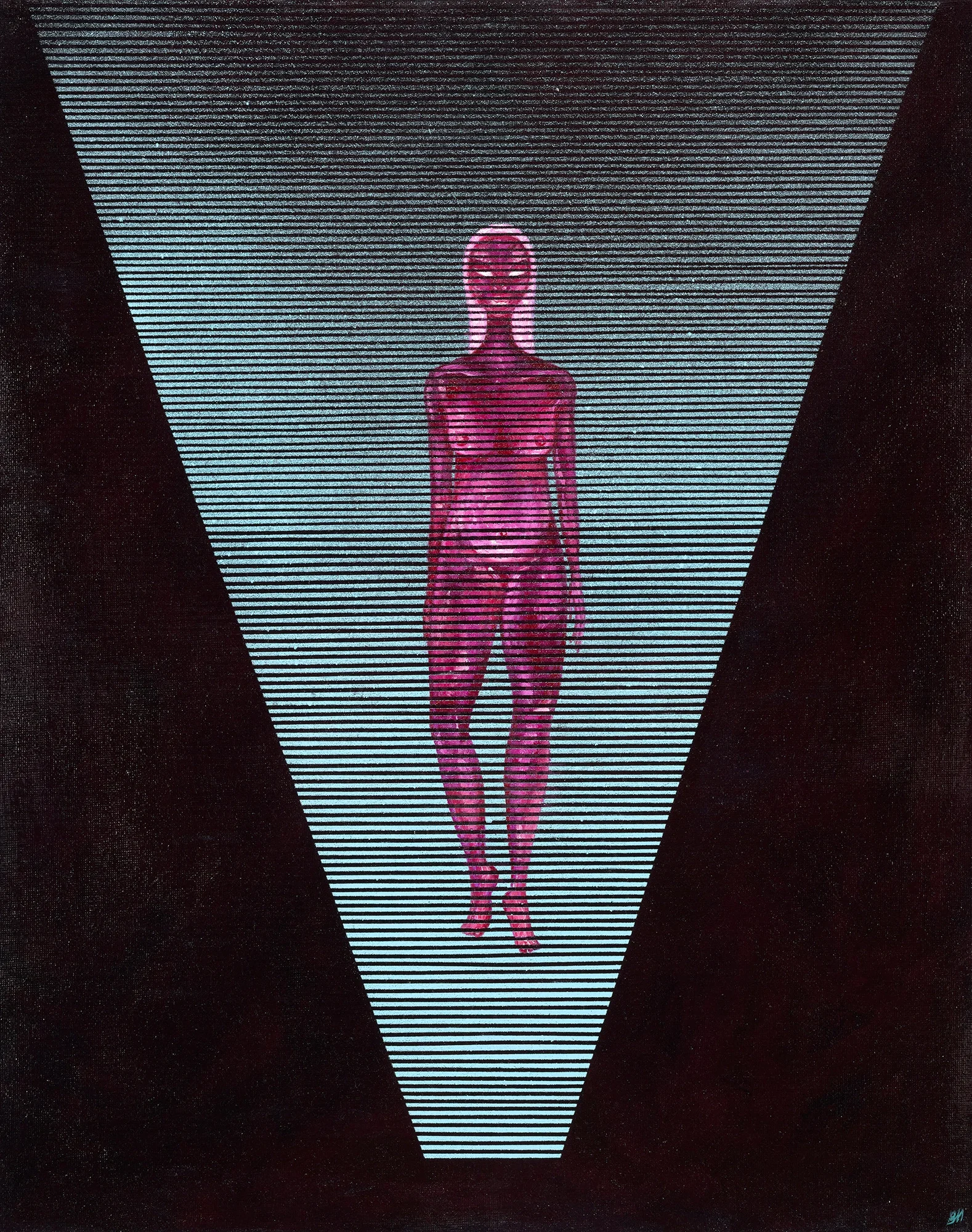 Pink humanoid figure with an alien-like face standing in a converging beam of horizontal lines against a black background.