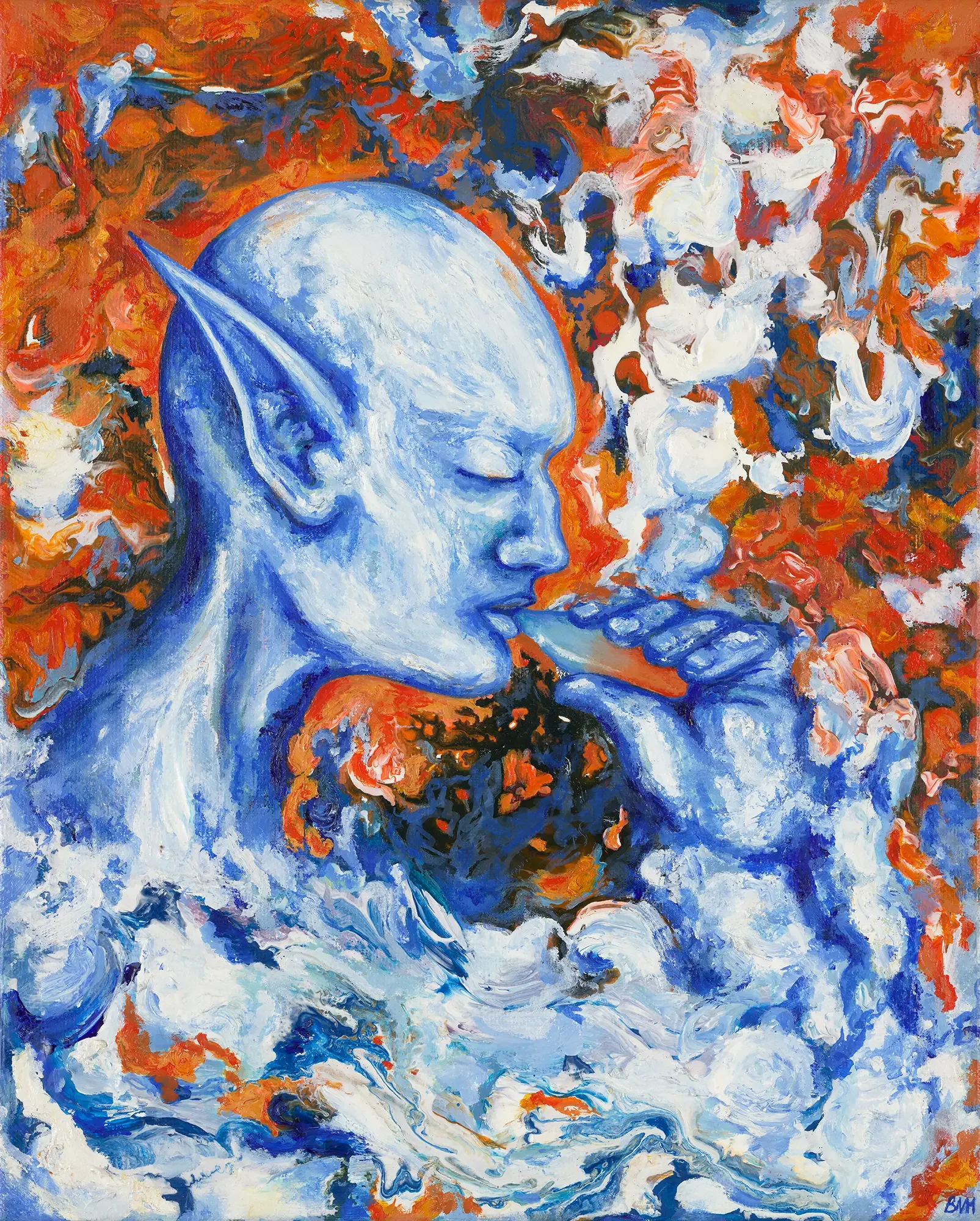 An abstract painting depicting a blue elven or fairy-like figure vaping with closed eyes, long pointed ears, set against a vibrant background of swirling reds, oranges, blues, whites, and blacks.