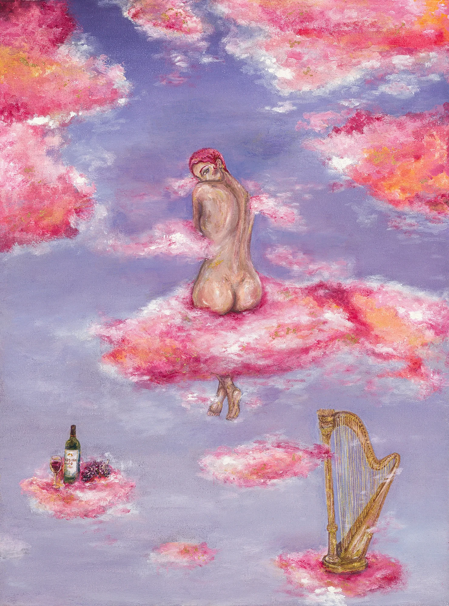 A surreal painting of a woman with pink hair floating among pink and purple clouds, with a harp and bottles of wine and glasses nearby.