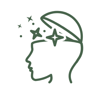 Une illustration d'une tête de profil avec un bonnet, entourée de petites étoiles et de formes imaginatives