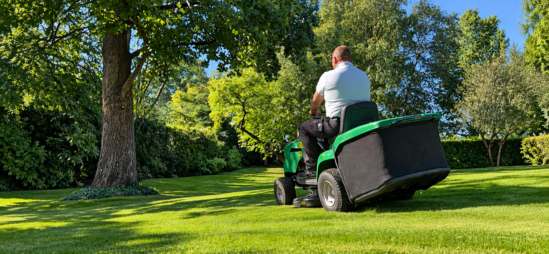 Homme assis sur un tondeuse électrique dans un jardin verdoyant avec des arbres et un ciel bleu.