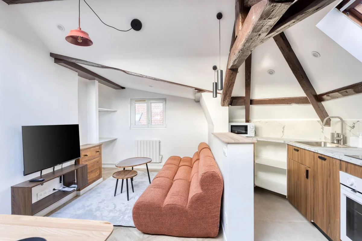 Salon avec canapé orange, télévision, petits meubles en bois, cuisine partielle avec sauna, micro-ondes, évier, et poutres en bois apparentes dans un appartement lumineux.