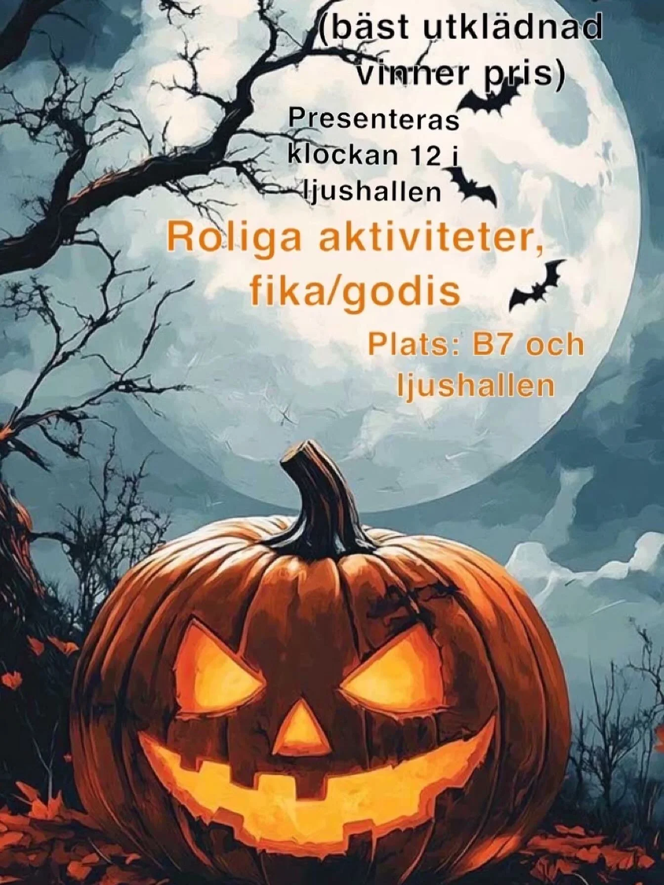 Halloweenfirande på fredag! 9-12.30. Kom utklädda! Hälsningar elevrådet 👻🎃🎃💀🍁