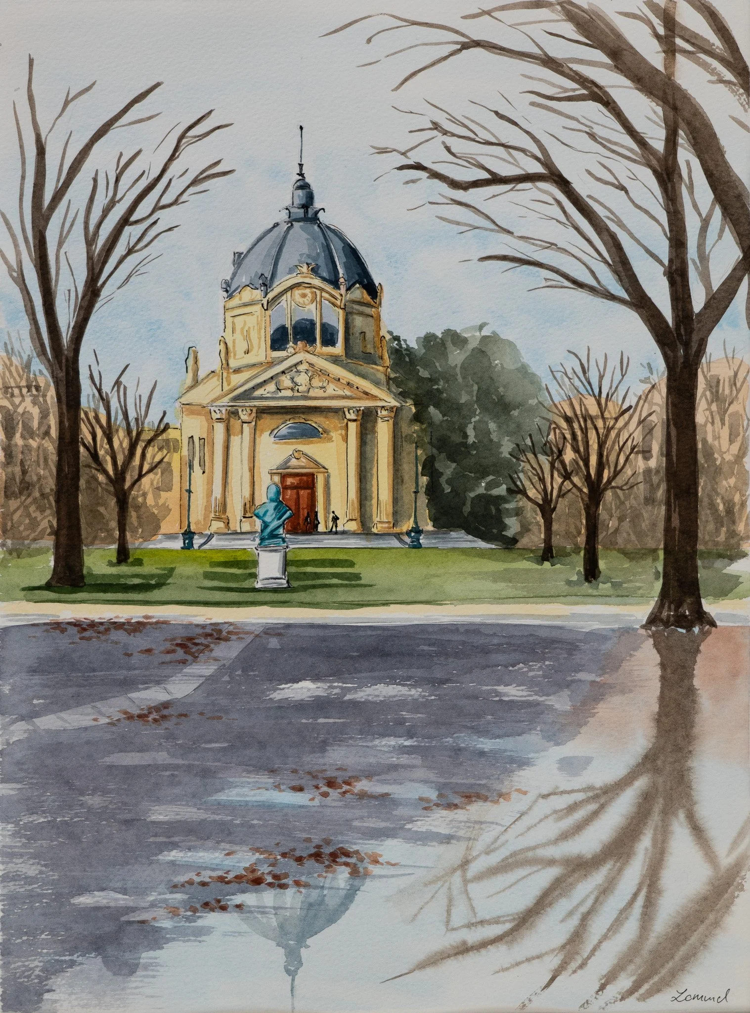 A watercolor painting of a historic building with a dome and columns, surrounded by leafless trees, with a cloudy sky and puddles reflecting the scene.