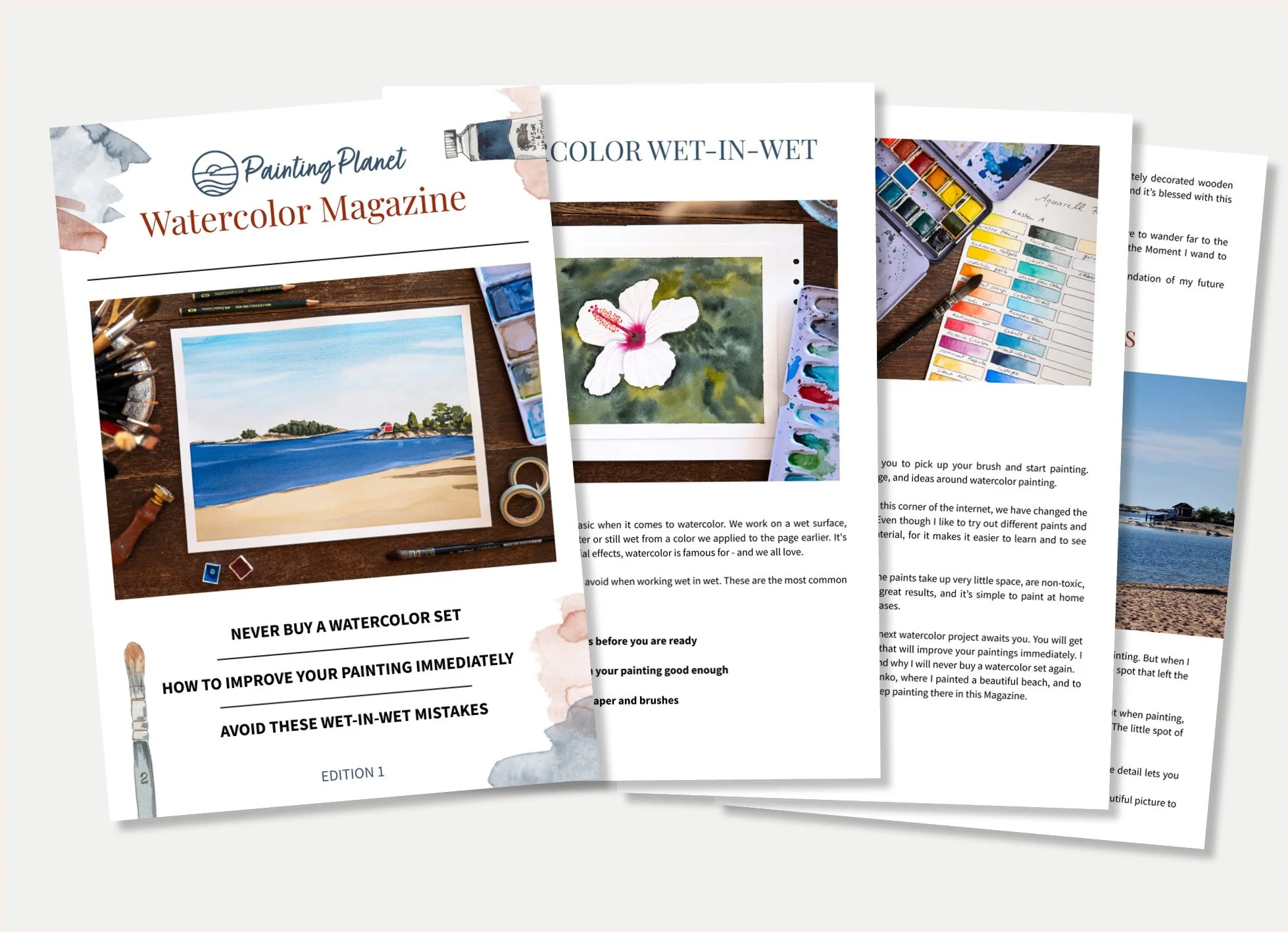 Three pages of a watercolor painting magazine showing landscape, flower, and paint palette tutorials with watercolor supplies on a desk.