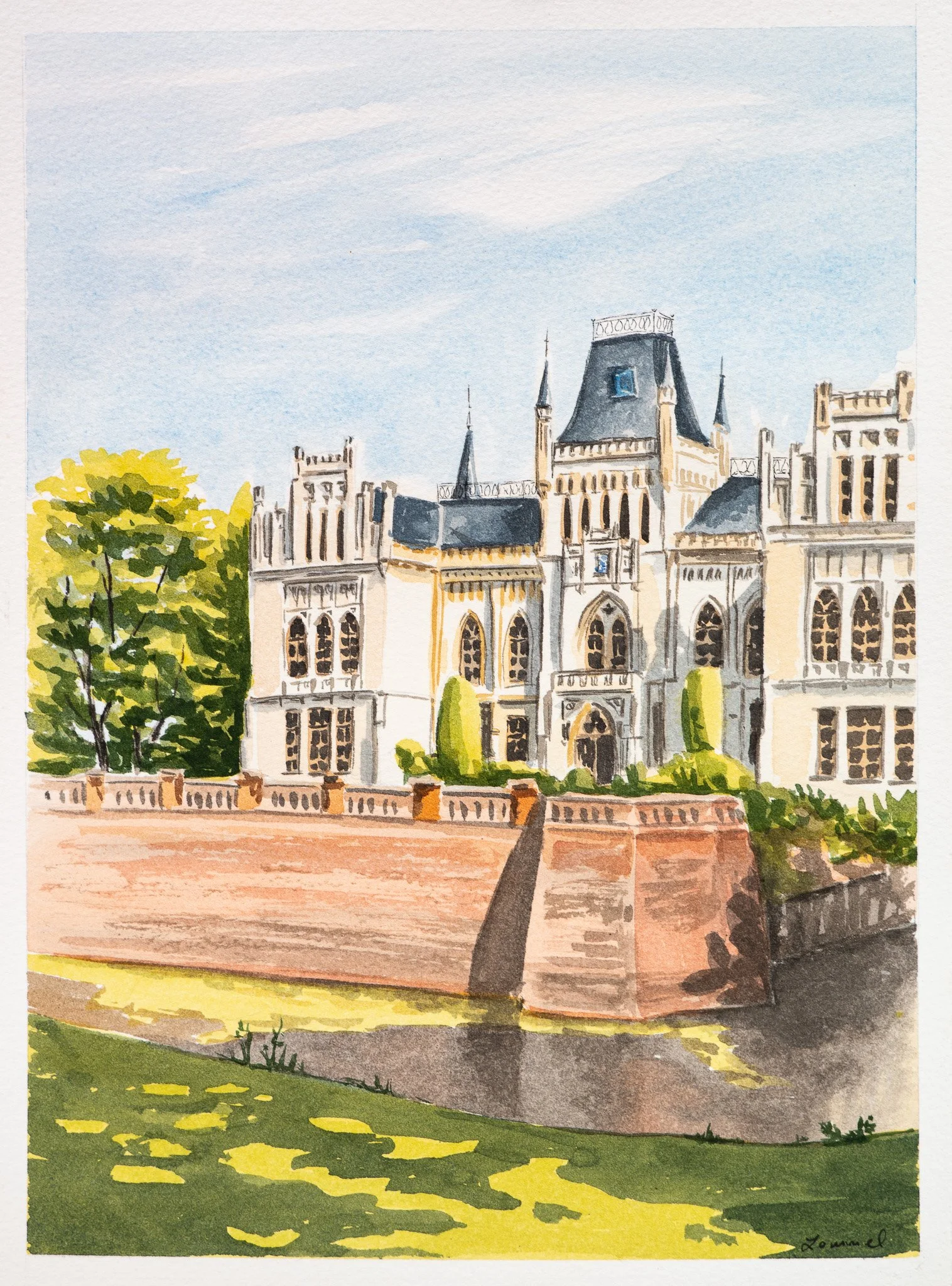 Watercolor painting of a castle with tall spires and large windows, surrounded by a brick wall and greenery, under a partly cloudy sky.