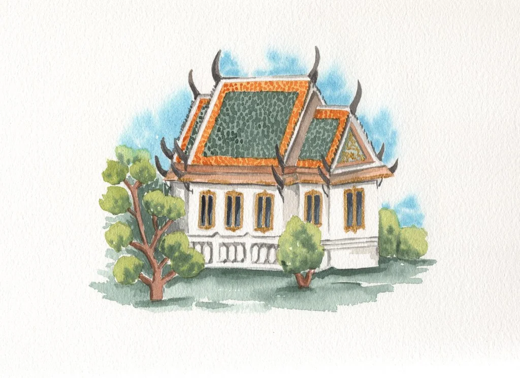Watercolor illustration of a building with traditional Thai architecture, featuring a multi-tiered roof with upward-curving edges and ornate details, surrounded by green trees.