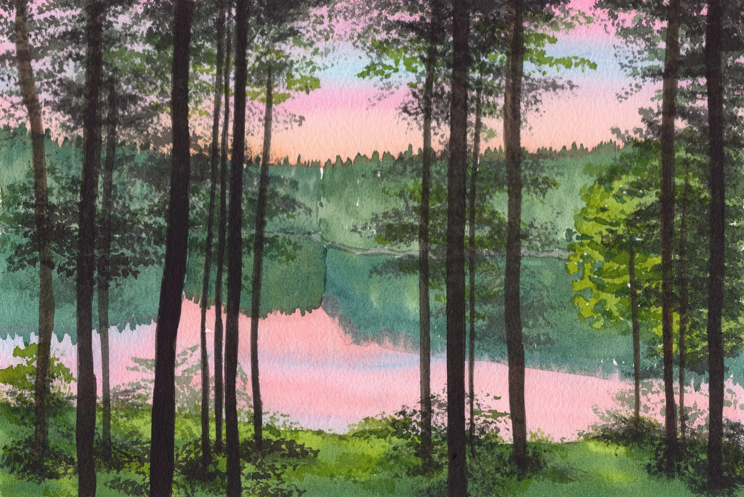 Watercolor painting of a peaceful forest scene with tall trees, a pink and purple sky, and a calm lake reflecting the sky and trees.