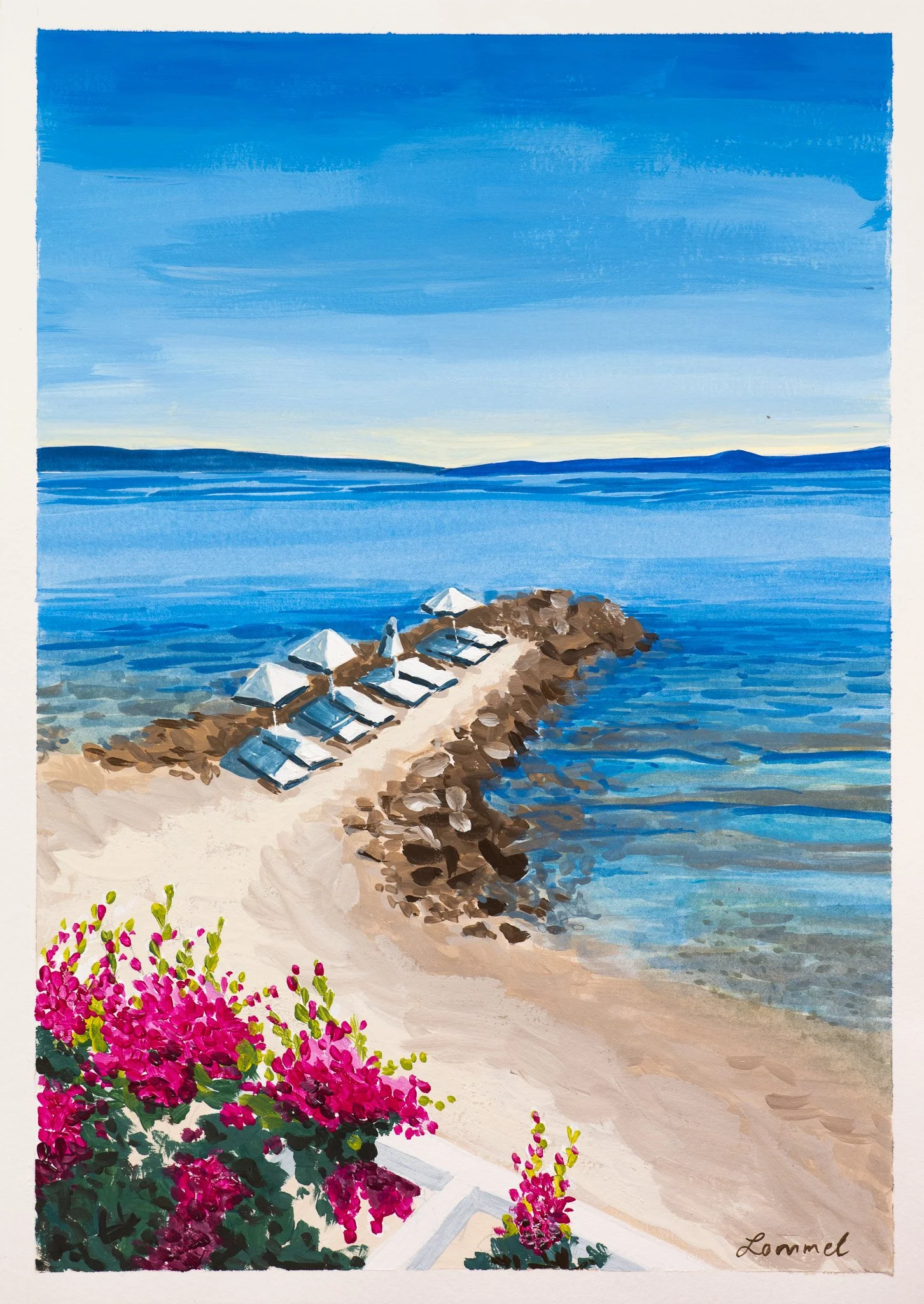 A painting of a beach scene with pink flowers in the foreground, a sandy walkway leading to the sea, blue water with gentle waves, and a clear sky with a few light clouds.