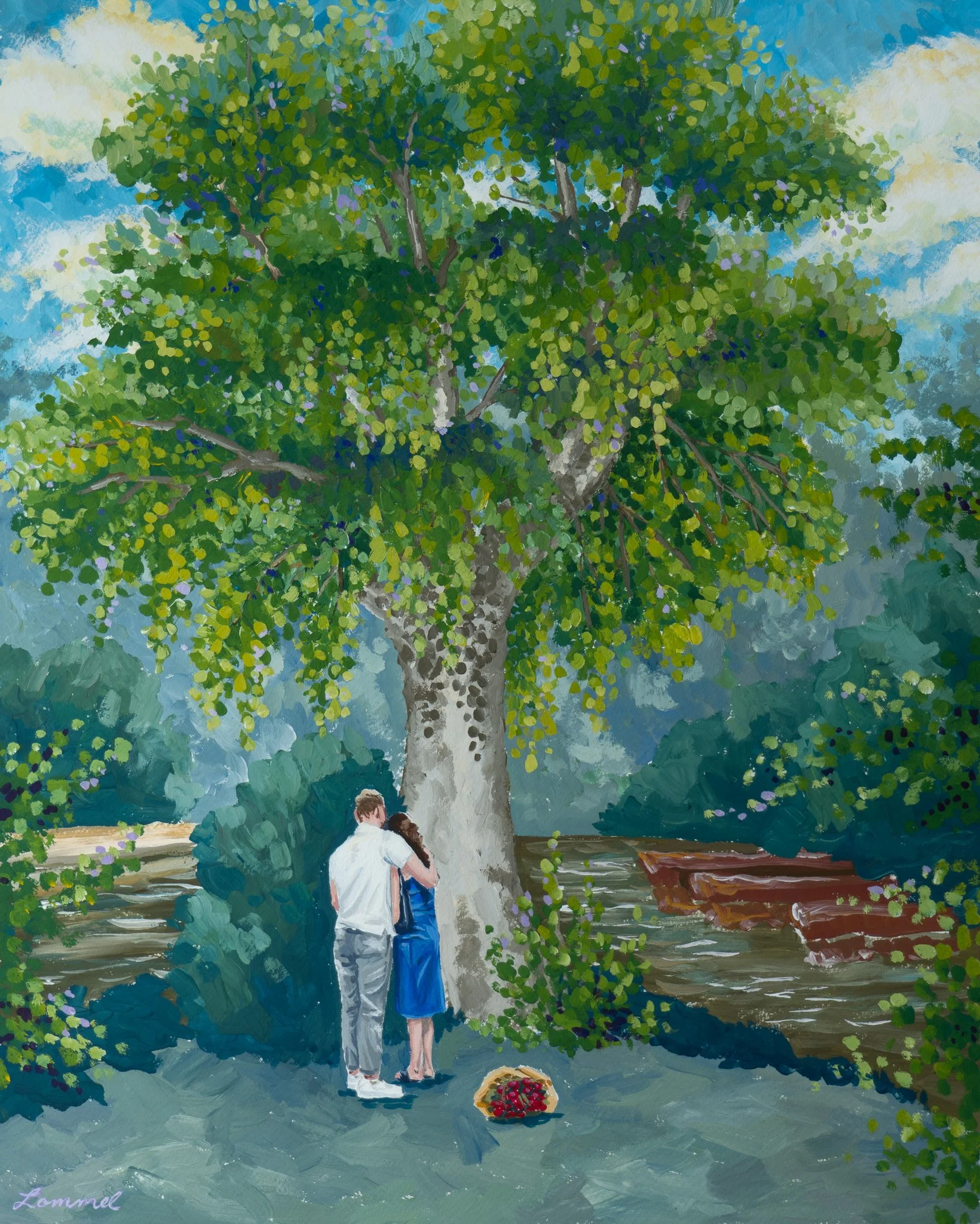 A painting of a couple standing close under a large green tree, with a basket of red flowers on the ground nearby, near a body of water with trees and rocks in the background.