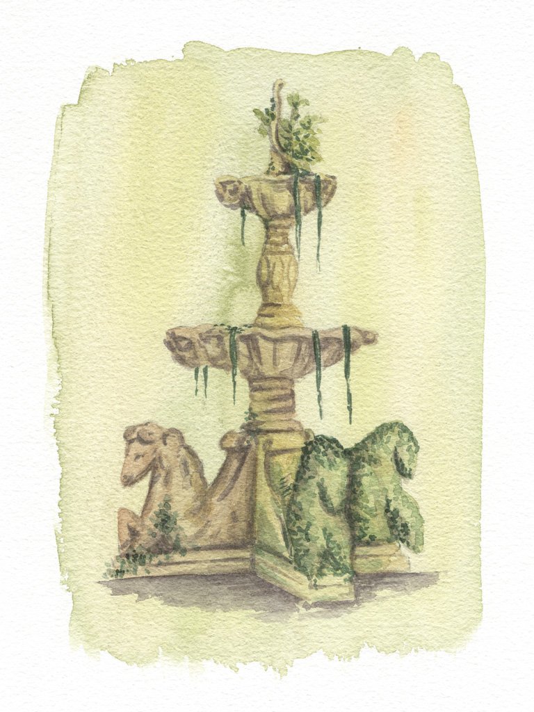 Watercolor painting of a stone fountain with a carved horse head and lion figures at the base, surrounded by greenery.