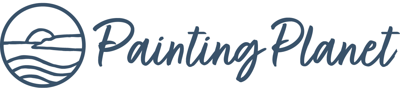 Logo of Painting Planet with a circular icon featuring a sunset over waves and a mountain, and the words 'Painting Planet' in script font.