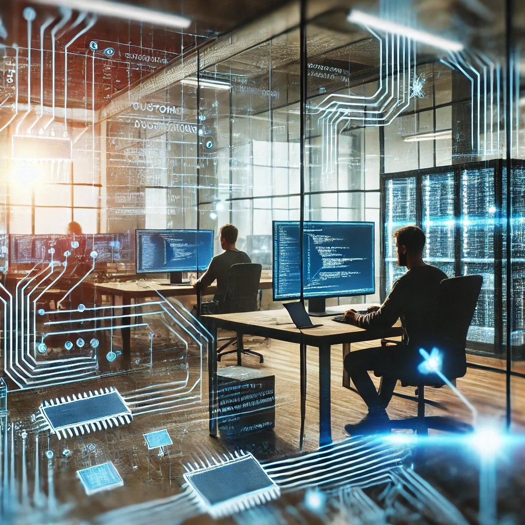 DALL·E 2024-08-26 15.52.47 - A high-tech workspace with developers working on code. The scene features digital lines or circuits connecting various devices and software interfaces.jpeg