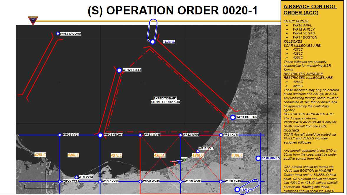 A military operation map with airspace control order, designated entry points, killboxes, restricted airspaces, and routing information. It includes labeled waypoints, exclusion zones, and instructions for aircraft routing and monitoring.