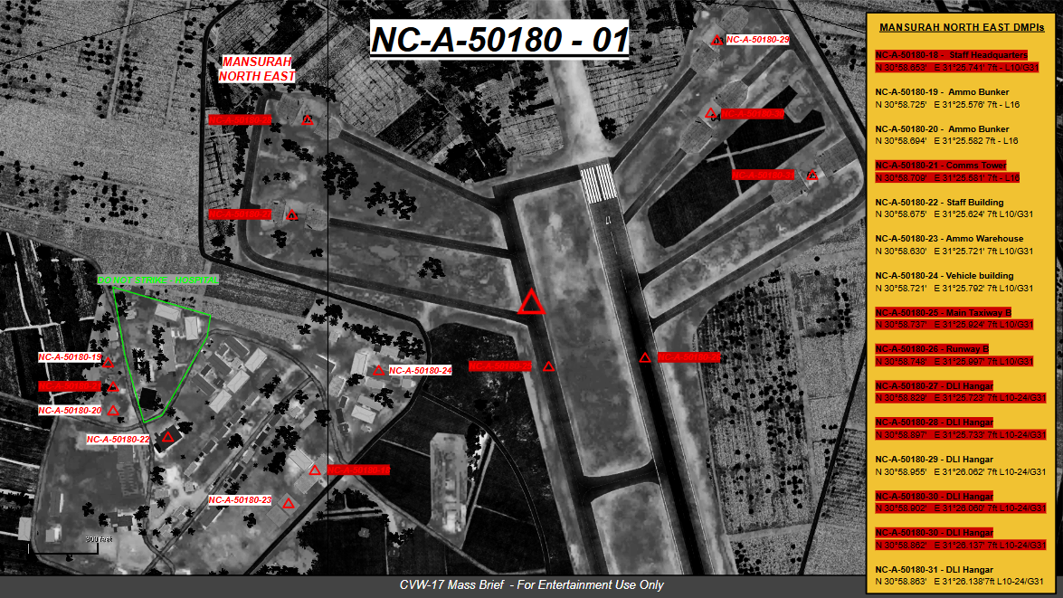 Aerial view of a military facility with labeled structures and zones, including ammunition bunkers, staff buildings, comms tower, and a hospital, with safety markings and coordinates.