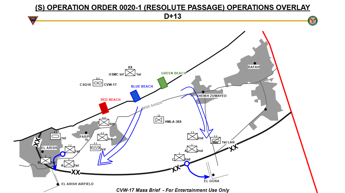 A military operation map showing relay points, beaches, and airfields, with designated routes, military units, and color-coded zones for strategic planning.