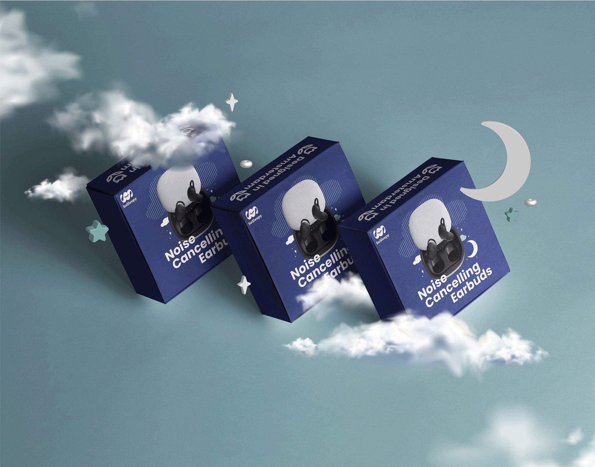 Front view of the So Sleepy packaging design for noise-canceling earbuds, showing the product name and minimal graphic treatment on the main box.