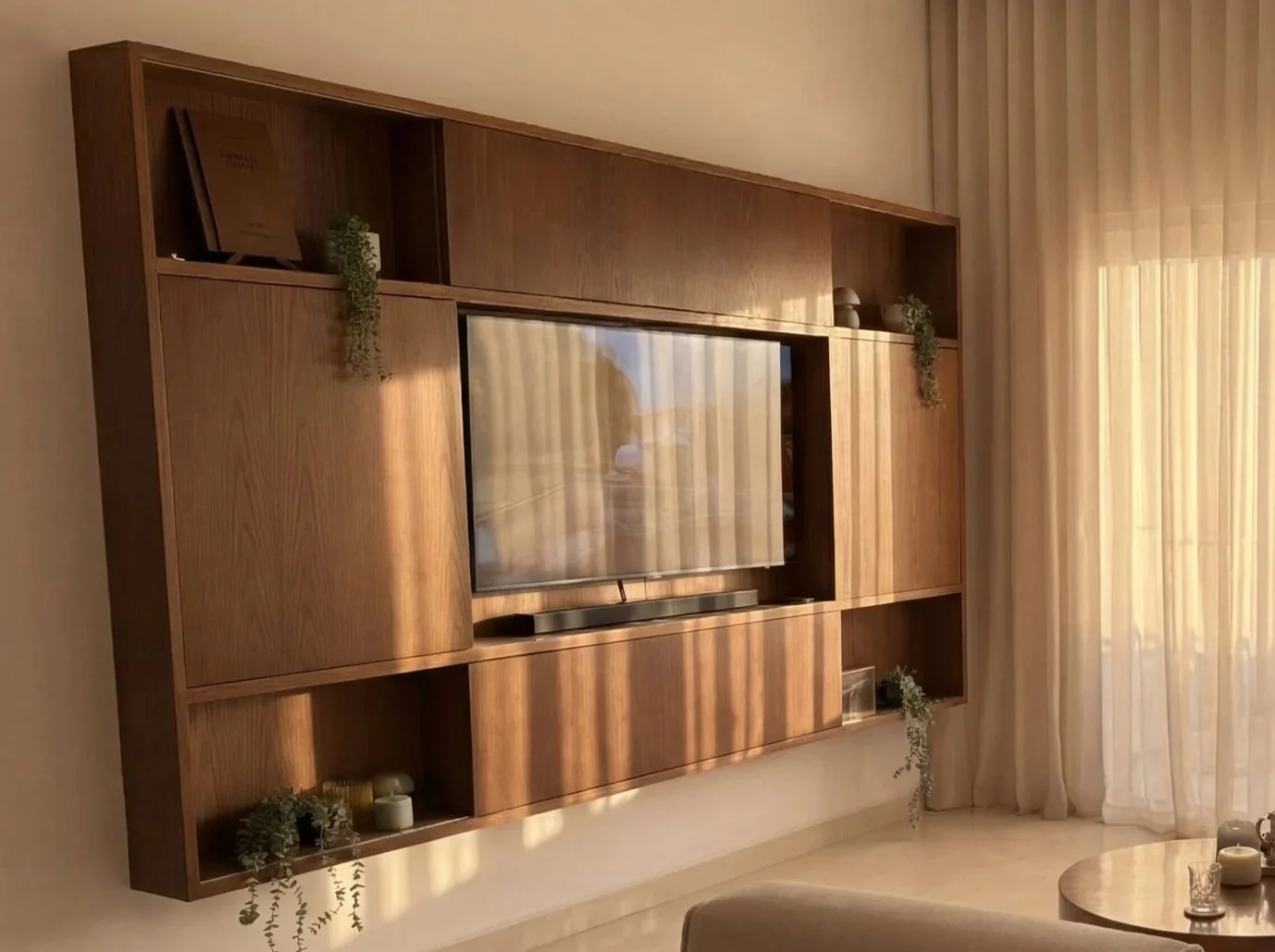 Living room with a wall-mounted wooden shelving unit, a flat-screen TV, curtains, and a small round table with candles.