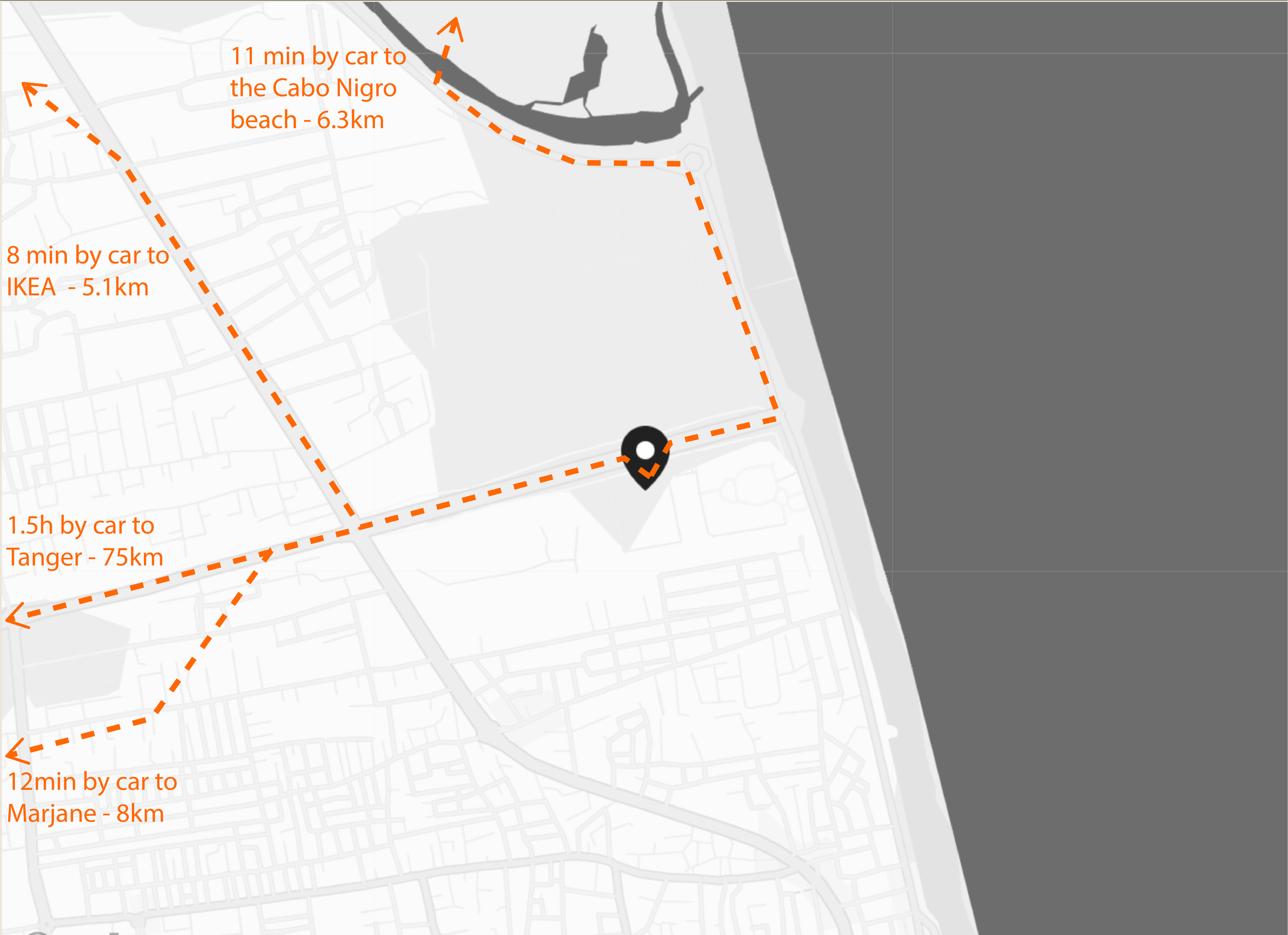 Map showing driving times and distances from a central point to nearby locations, including 12 minutes to Marjane, 8 minutes to IKEA, 11 minutes to Cabo Nigro beach, with routes marked by dashed orange lines.