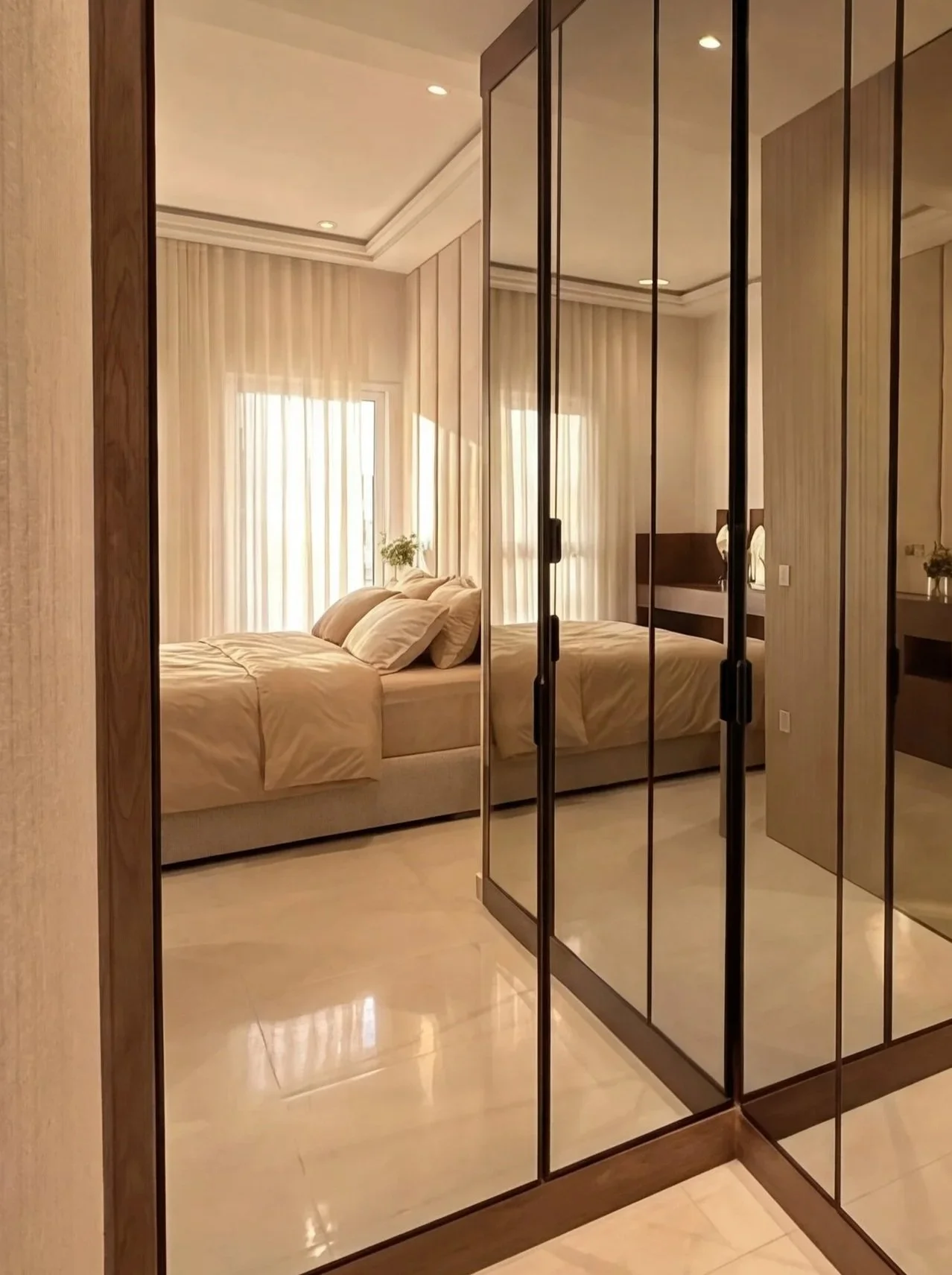 A bedroom with a bed and pillows, surrounded by floor-to-ceiling curtains, and view through mirrored sliding closet doors reflecting part of the room.