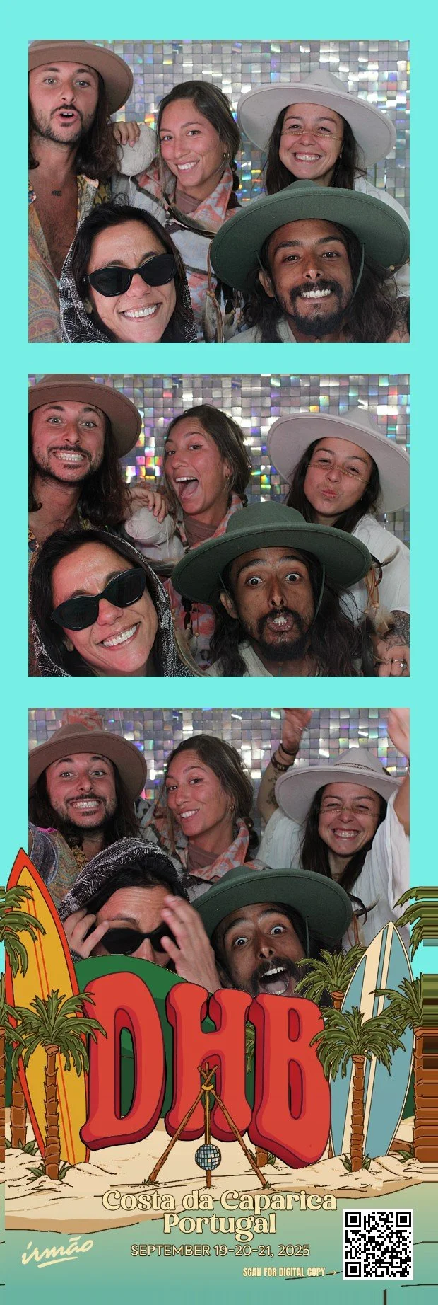 A group of five friends taking fun photos in front of a shiny, holographic backdrop at a beach-themed event. They are wearing hats and sunglasses, smiling and making silly faces. The event is called 'DHB' at Costa da Caparica, Portugal, from September 19-21, 2025.