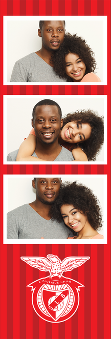 Three photo booth pictures of smiling young adults with diverse appearances, followed by a Benfica football club logo on a red striped background.