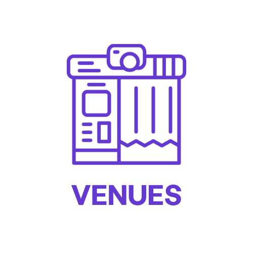 Icon of a city map with buildings and a camera on top, with the word 'Venues' underneath.