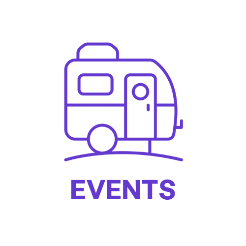 Purple outline of a travel trailer with the word "EVENTS" below it, set against a black background.