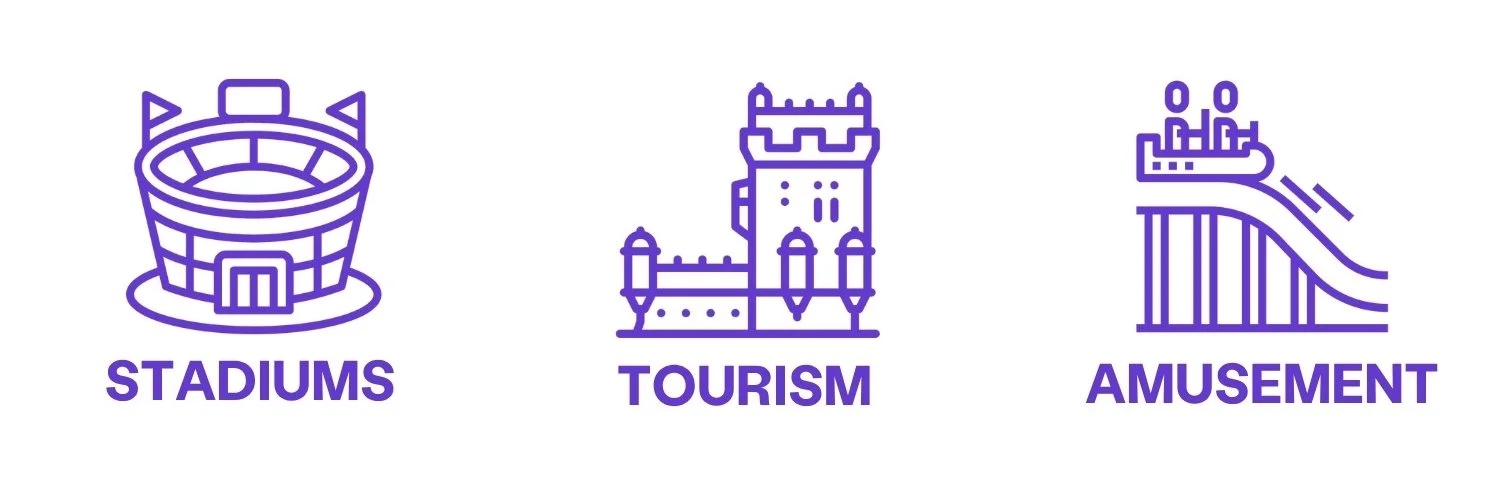 Line drawing icons representing stadiums, tourism, and amusement parks, each labeled with their respective words.
