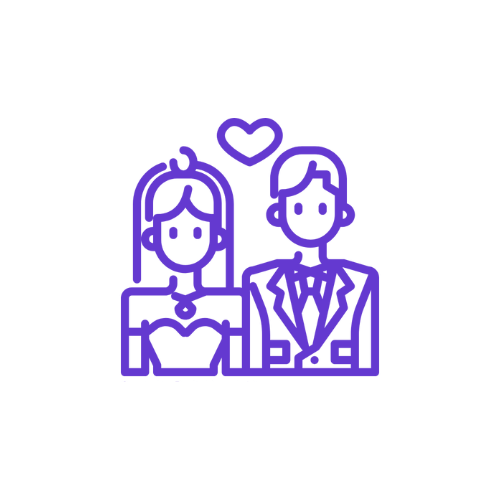 Purple outline of a bride and groom with a heart above them.