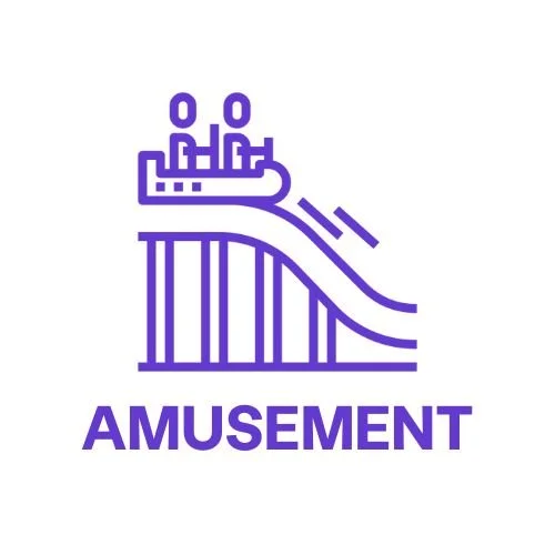A purple icon of a water slide with three people sliding down and the word "Amusement" written below.