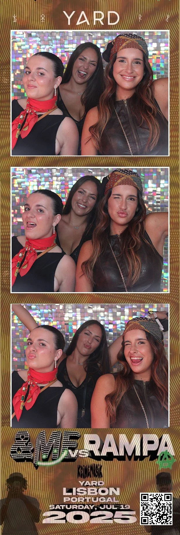 Three women posing for a photo booth strip at an event, with colorful sparkly background. The top image shows them smiling, the middle winking and puckering, and the bottom making playful expressions. The event details include 'Me Versus Rampa', 'Yard Lisbon Portugal, Saturday, July 19, 2025'.