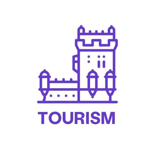 Purple line art of a castle with turrets, with the word 'TOURISM' below.