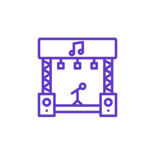 Icon of a stage with musical notes, speakers, and lighting.