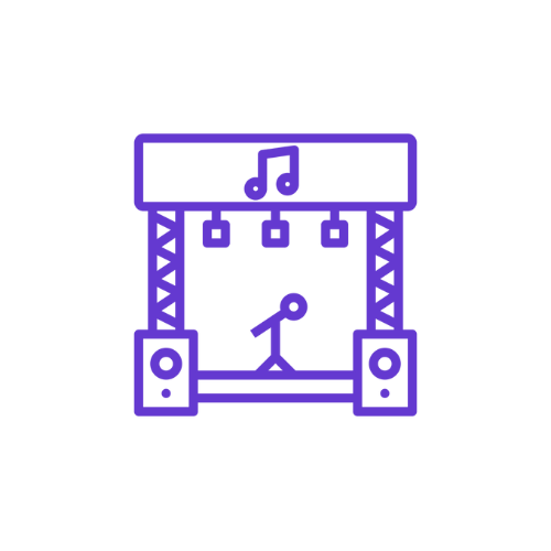 Music stage with speakers, lights, and a microphone.