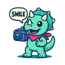 A cute cartoon baby dinosaur with a backpack and a camera, giving a thumbs up and saying 'Smile'.