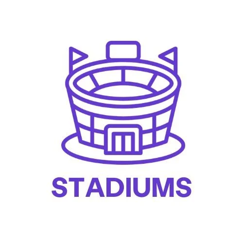 A purple line drawing of a stadium with the word "STADIUMS" underneath.
