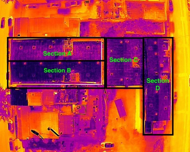 Thermal drone image of a building's roof divided into labeled sections A, B, C, and D, showing temperature variations.