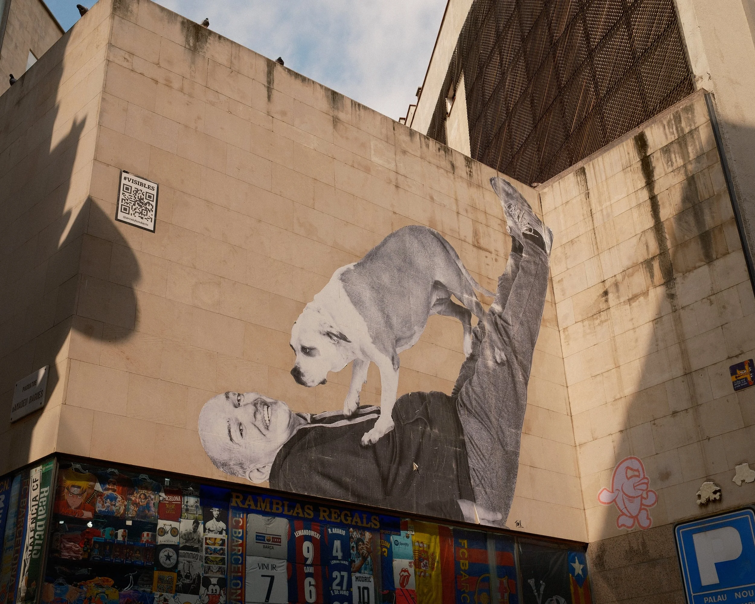 Street art of a black and white collage of two smiling faces and a dog on a beige building wall. To the bottom, a store with sports memorabilia and jerseys is visible.
