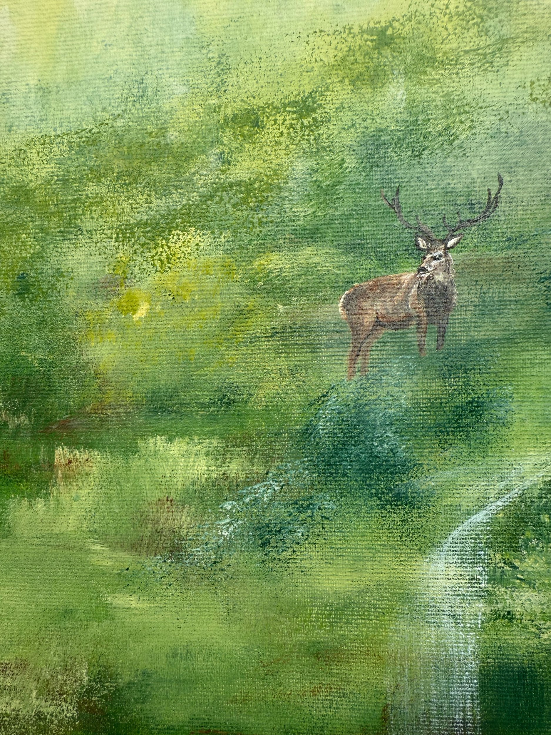 Landschaft Gemälde Acryl mit Hirsch, Wasserfällen und verstecktem Häuschen im Hügel
