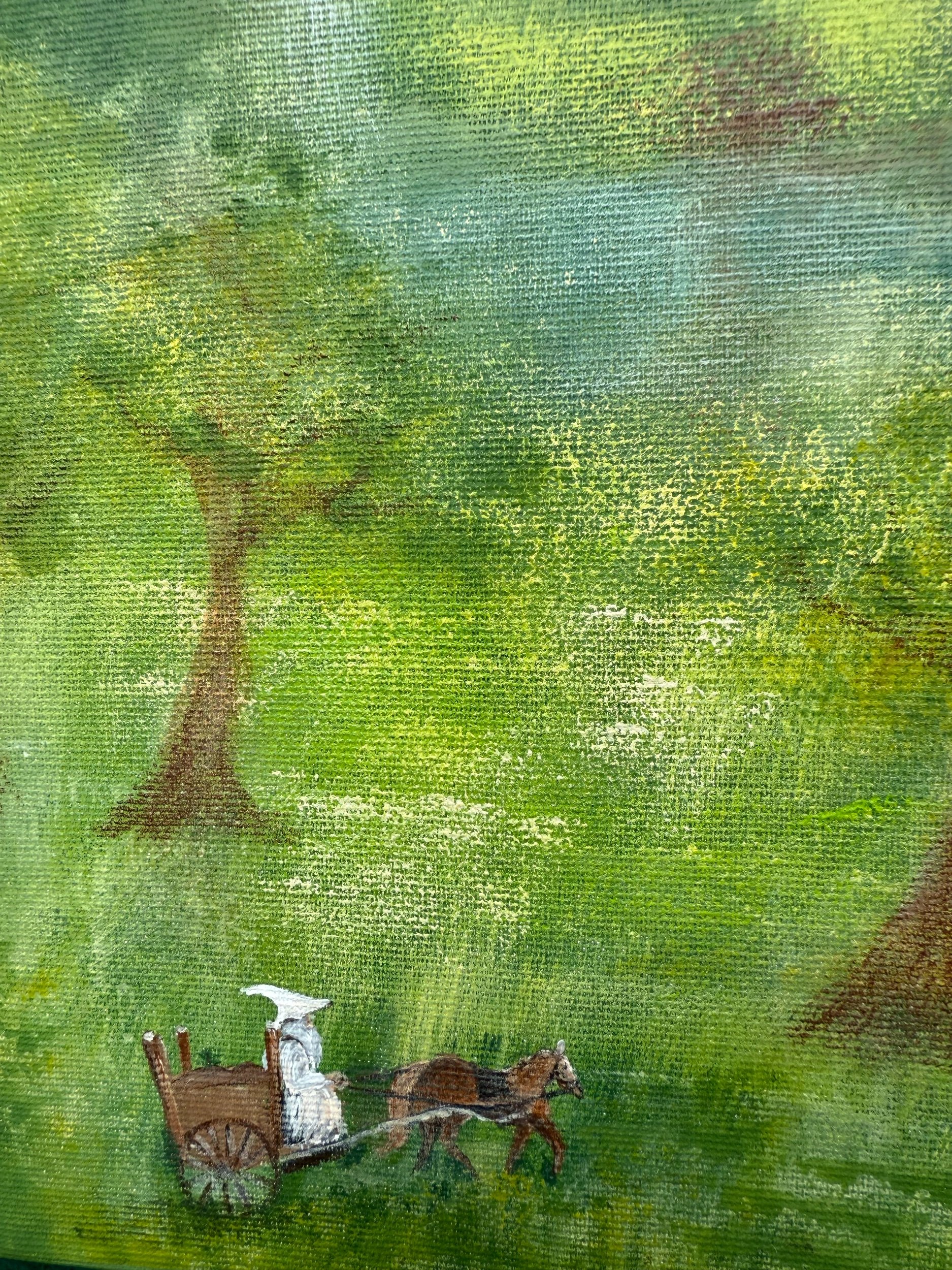Großes Acrylbild mit Waldtieren, Fantasieschloss und sanften abstrakten Details
