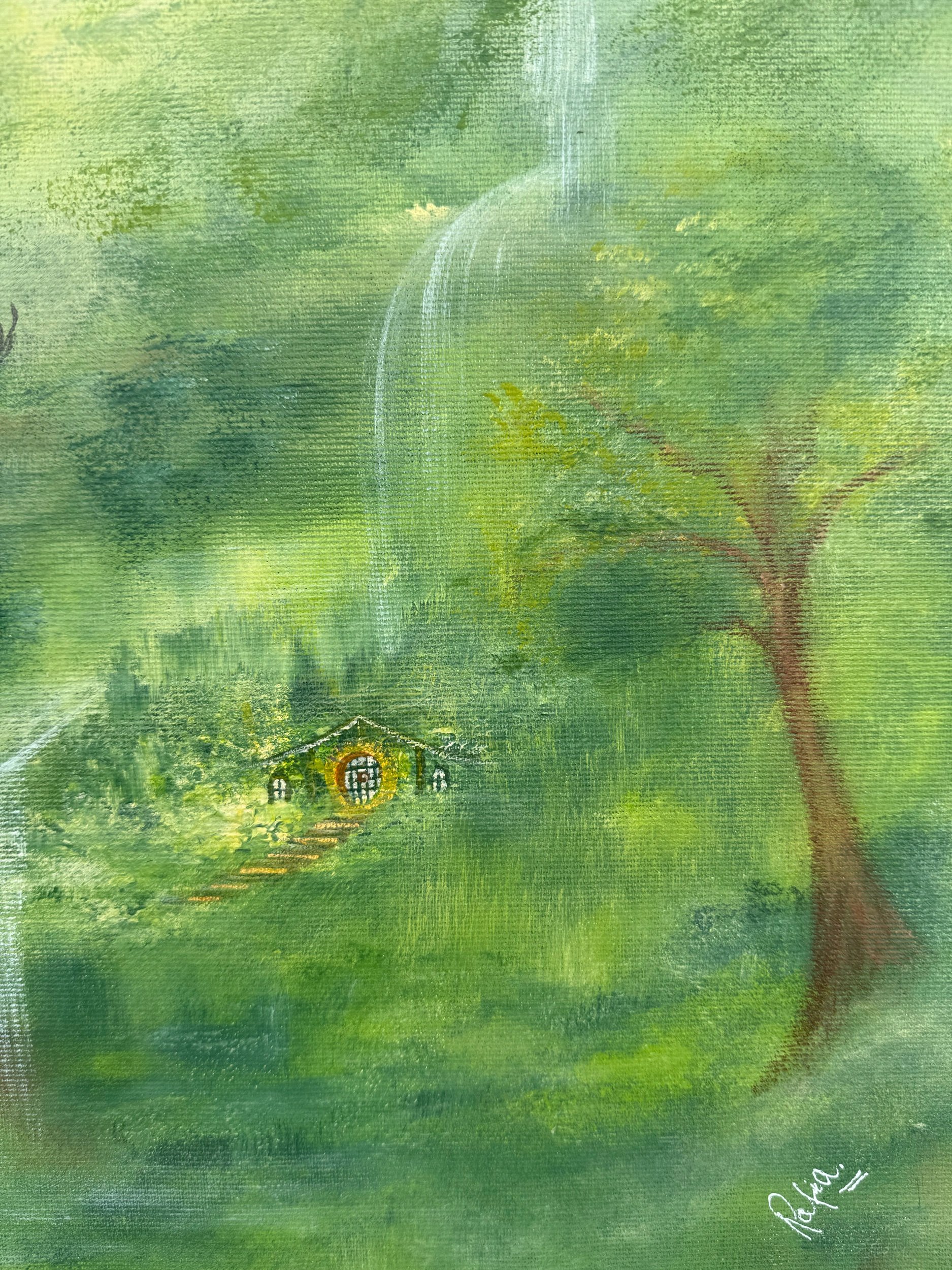 Grüne abstrakte Waldkunst mit Wasserfällen, Vögeln, Hirschen und märchenhaften Motiven