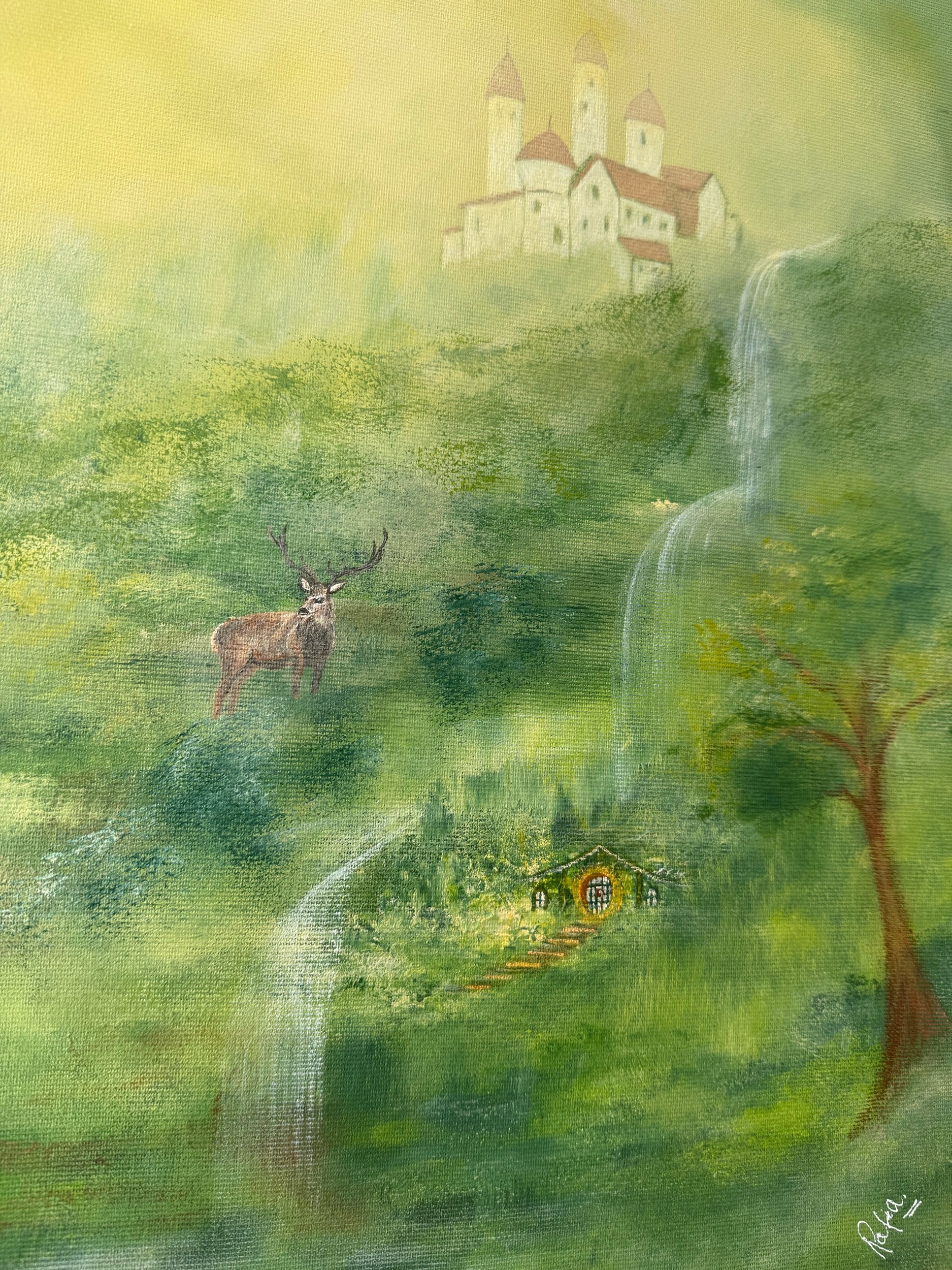 Fantasievolle Waldlandschaft mit Schloss, Wasserfällen und fliegenden Adlern in Acryl auf Leinwand
