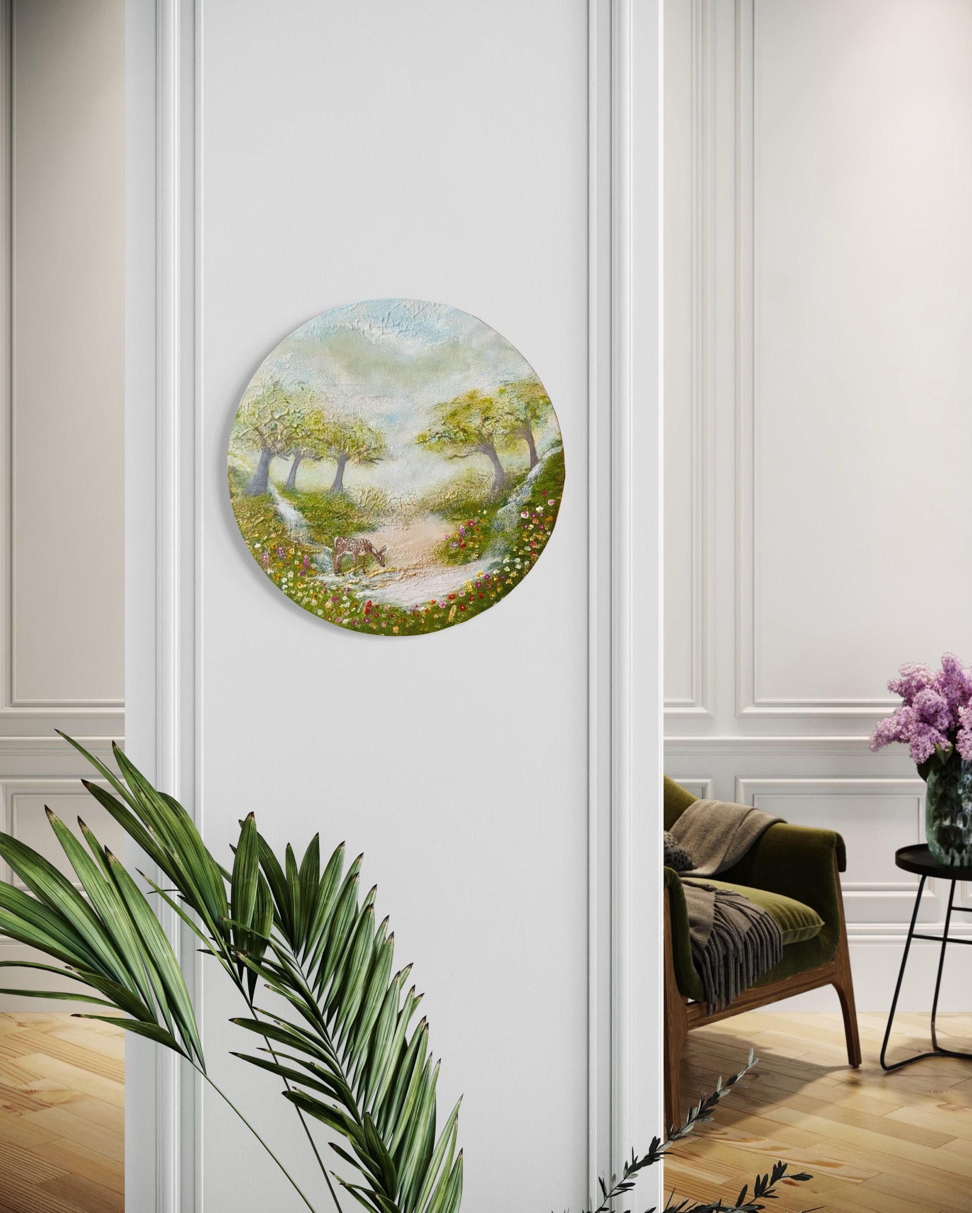 Abstrakte Kunst Frühling in runder Form, ideal als Wohnzimmer Wanddeko