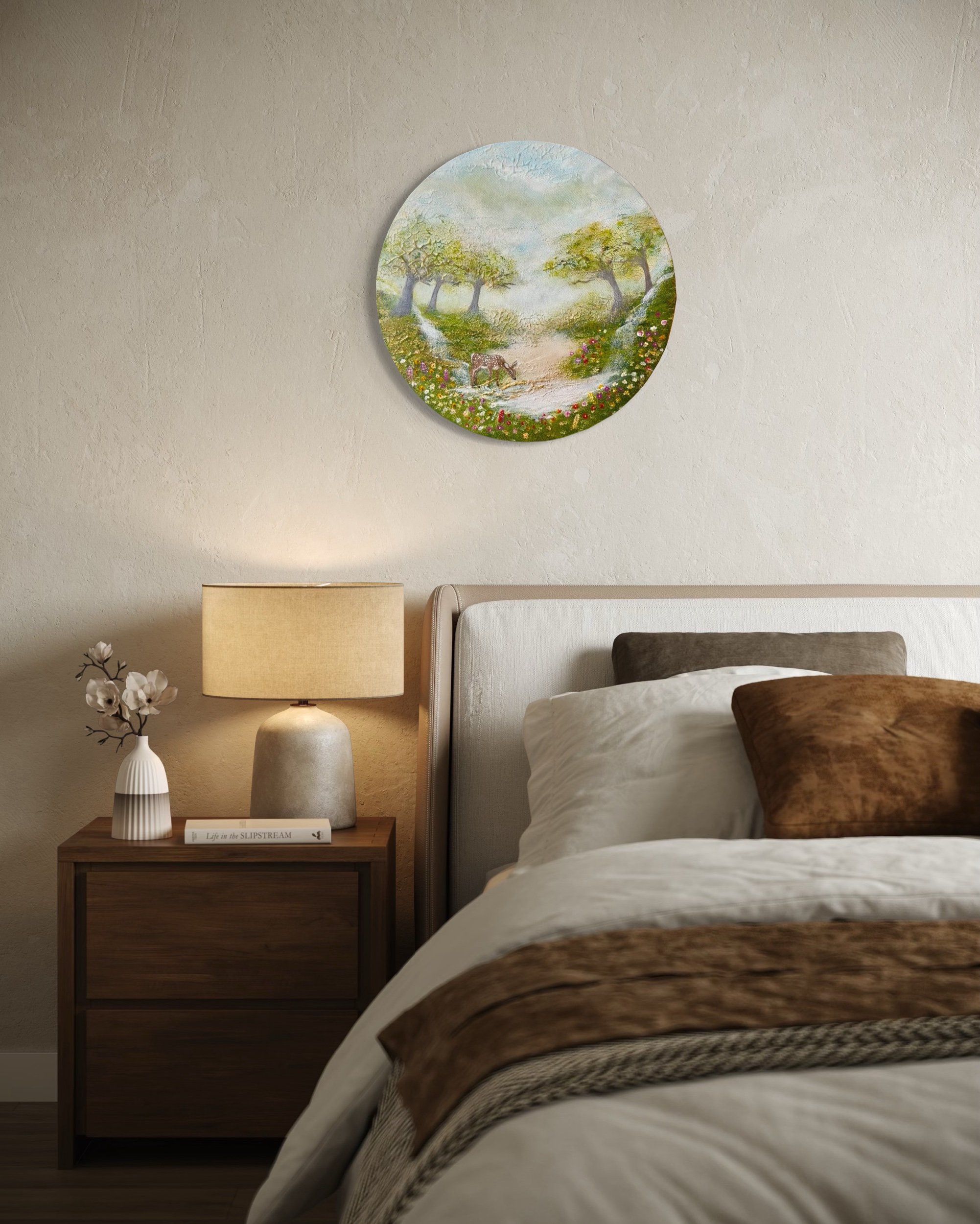 Modernes Wandbild mit abstraktem Frühlingswald, Hirsch und floralen Akzenten