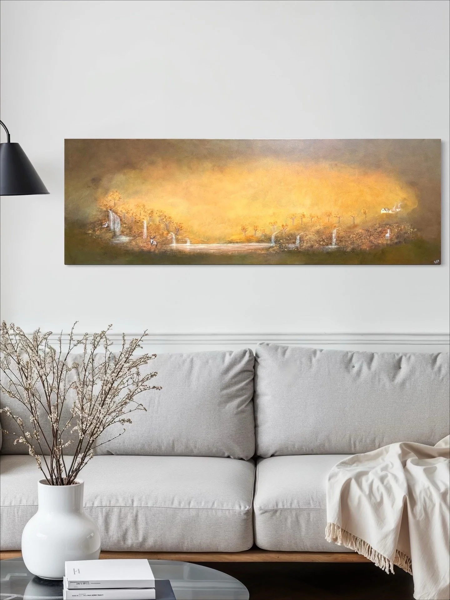 Close view of Whispers of Fall painting on living room wall