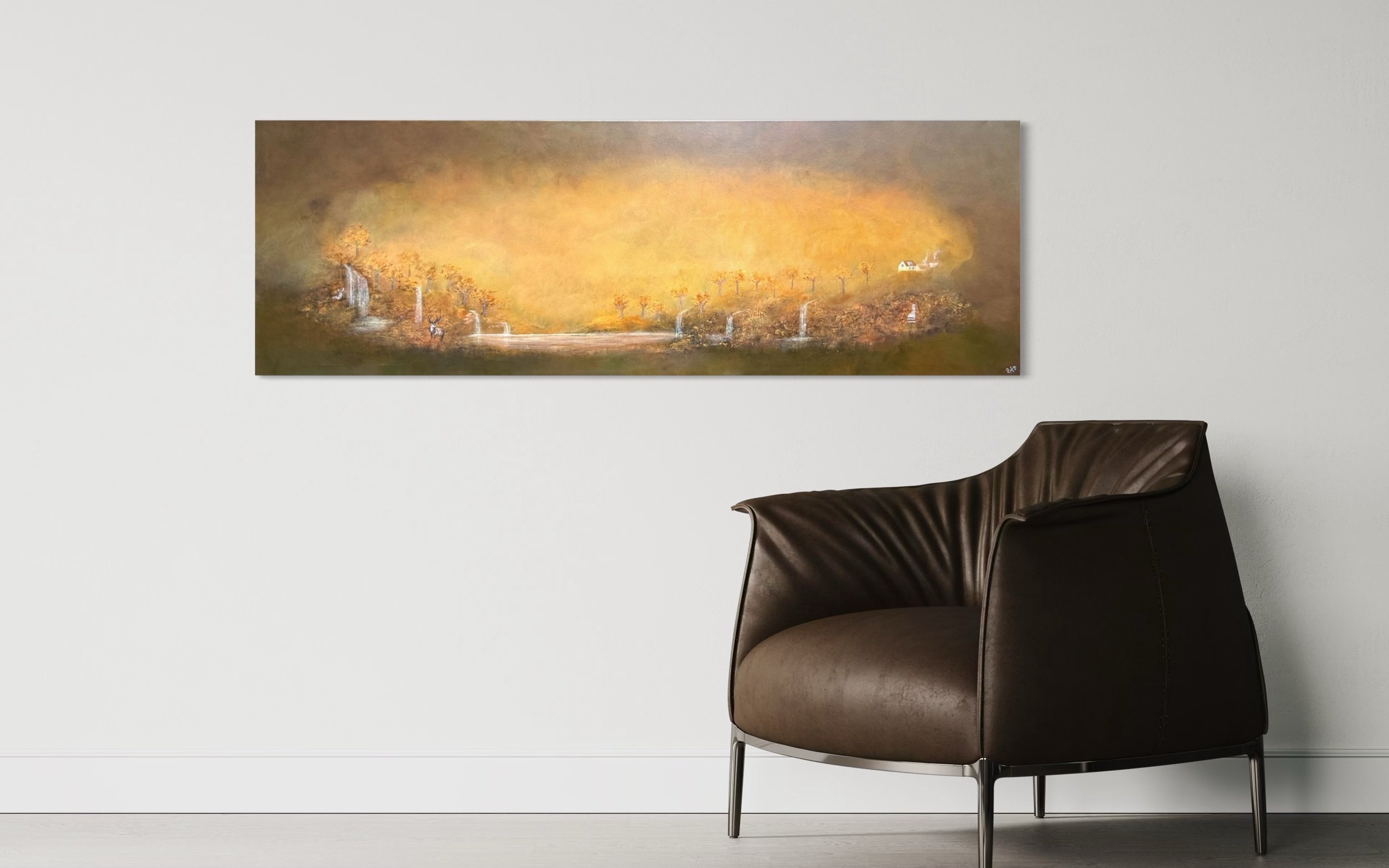 Acrylgemälde über einem modernen braunen Stuhl
